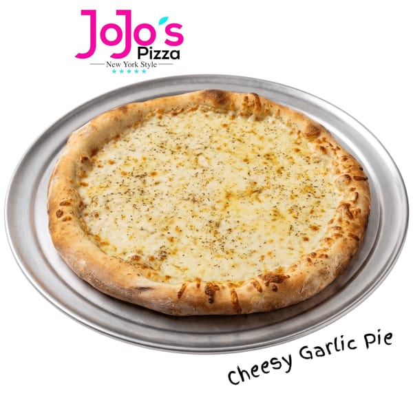 A Cheesy Garlic Pie from JoJo's Pizza, New York Style, on a metal pizza pan.