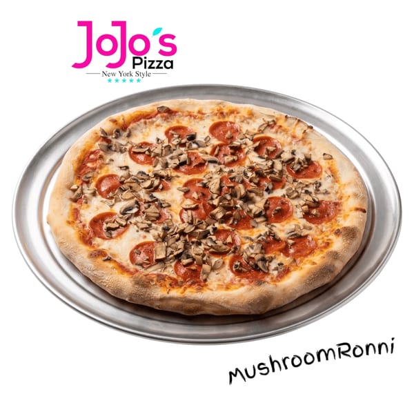 A whole Mushroom Ronni pizza from JoJo's Pizza, topped with pepperoni and mushrooms on a metal tray.