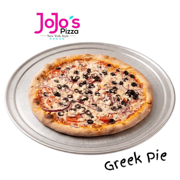 JoJo's Pizza Greek Pie with tomatoes, red onions, black olives, and feta cheese.