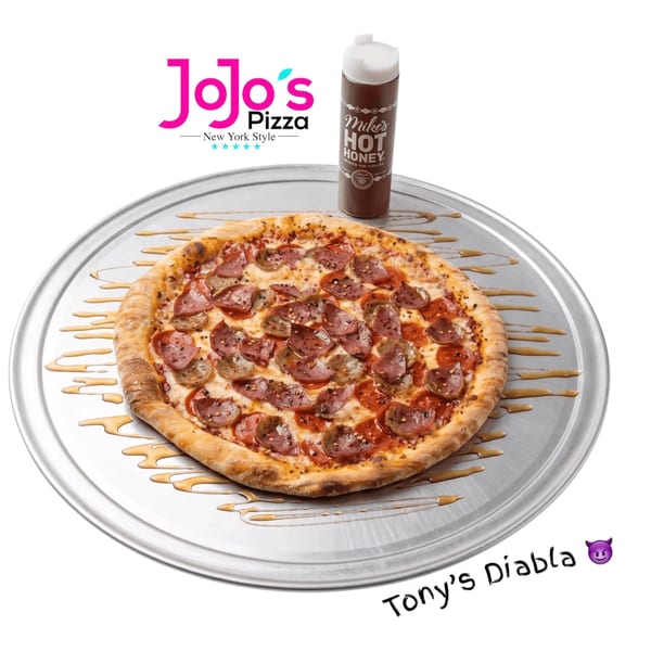 JoJo's Pizza "Tony's Diabla" pizza with pepperoni, sausage, and Mike's Hot Honey drizzle.
