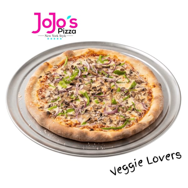 JoJo's Pizza Veggie Lovers pizza with mushrooms, green peppers, and red onions on a metal tray.