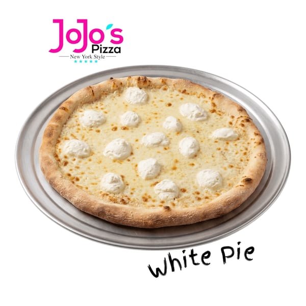 A JoJo's Pizza New York Style White Pie, a cheese pizza with dollops of ricotta, on a metal tray.
