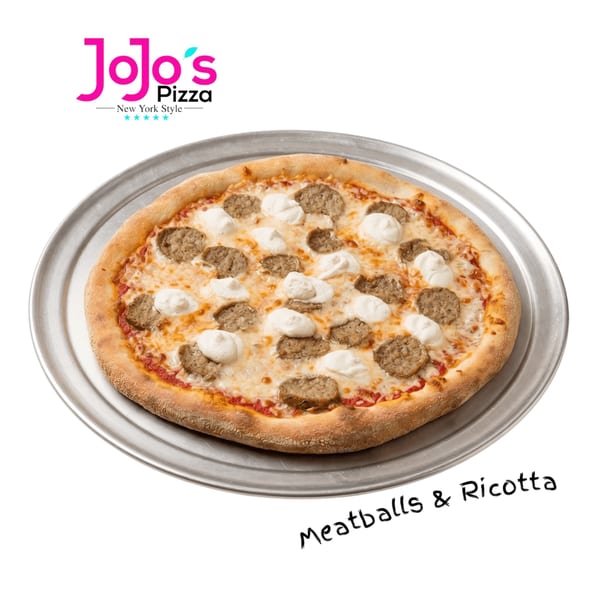JoJo's Pizza Meatballs & Ricotta pizza on a metal tray, with a white background.