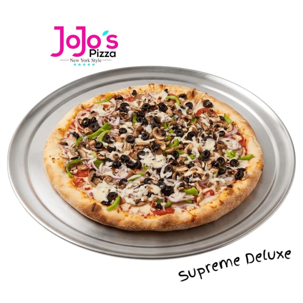 JoJo's Pizza New York Style Supreme Deluxe pizza with mushrooms, olives, peppers, and onions.
