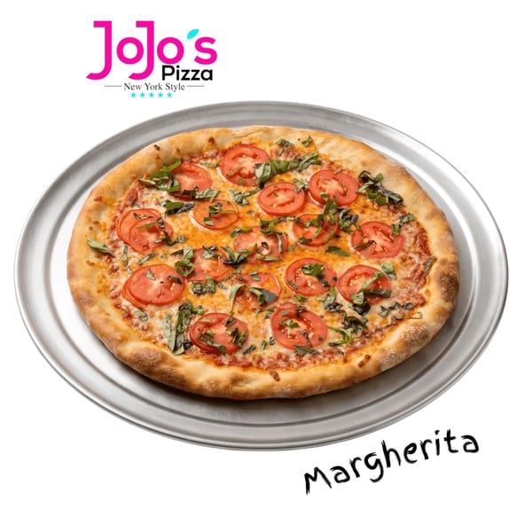 A JoJo's Pizza Margherita pizza with sliced tomatoes and basil on a metal tray.