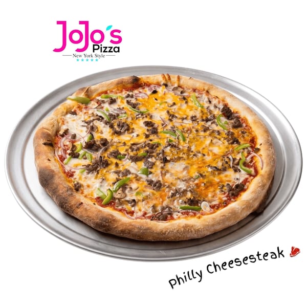 JoJo's Pizza New York Style Philly Cheesesteak pizza with steak, onions, green peppers, and cheese.