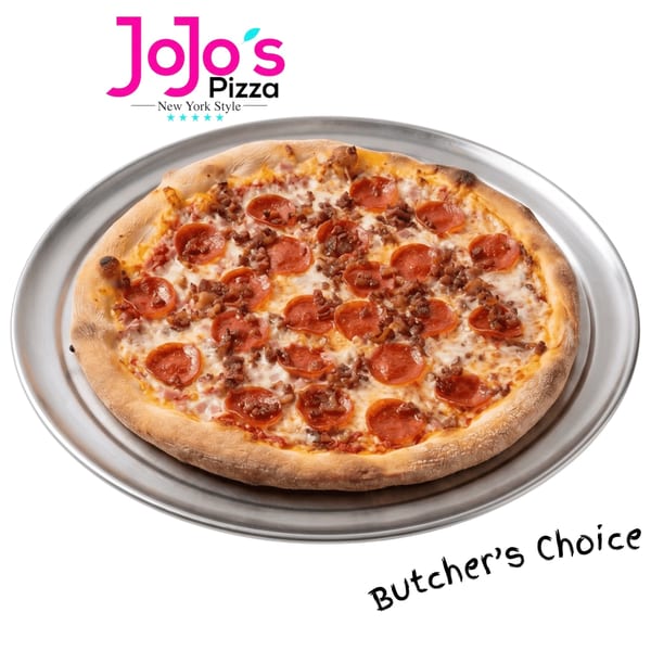 A JoJo's New York Style "Butcher's Choice" pizza with pepperoni and ground meat on a metal tray.